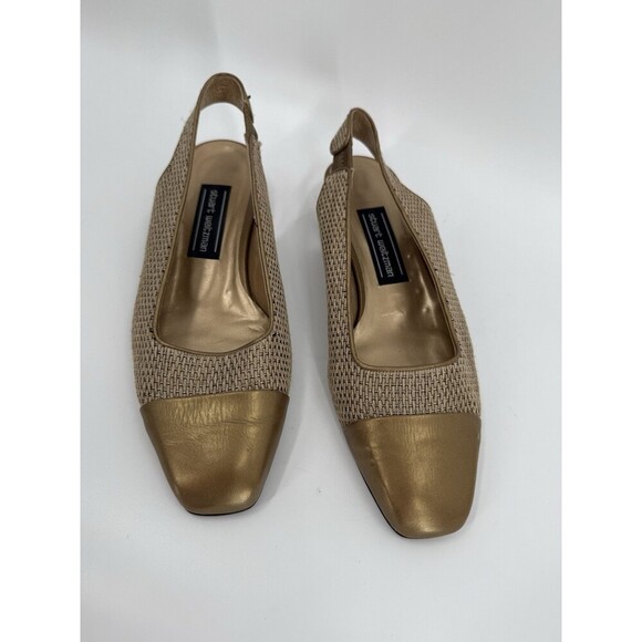 Vintage Stuart Weitzman Gold Shimmer Basket Weave Square Toe Heels Pumps Size 7 - Picture 1 of 12